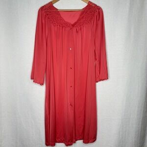 VTG‎ Shadow Line Women's Med 3/4 Sleeve Bright Coral Button Up Lounge Robe Mumu